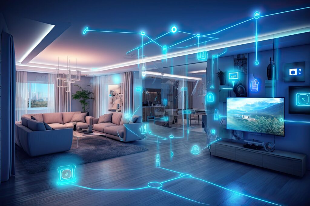 Ein modernes Wohnzimmer mit eingebundener Smart-Home-Technologie, das verschiedene vernetzte Geräte zeigt. Die unsichtbare Netzwerkinfrastruktur, einschließlich der Spleißbox, sorgt für eine reibungslose Kommunikation zwischen den intelligenten Systemen.