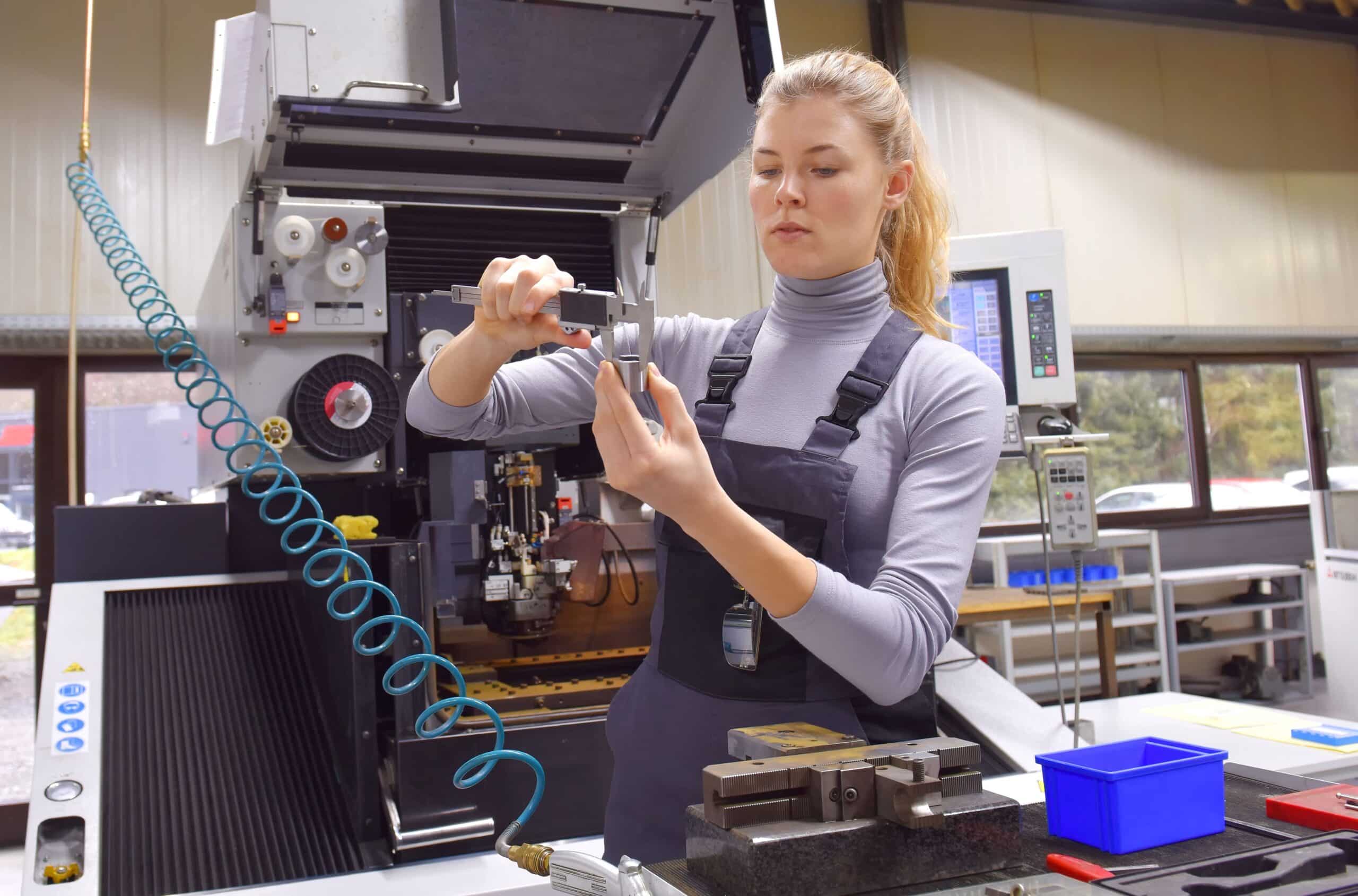 Eine junge Frau arbeitet als CNC-Technikerin