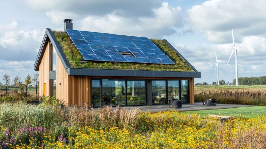 Modernes Holzhaus mit Gründach und Solarpanels in ländlicher Umgebung – Kombination von Ökologie und Energieeffizienz