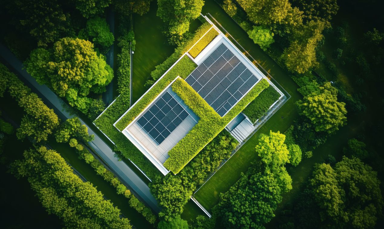 Modernes Gebäude mit weitläufigem Gründach und Solaranlage, umgeben von dichtem Baumbestand