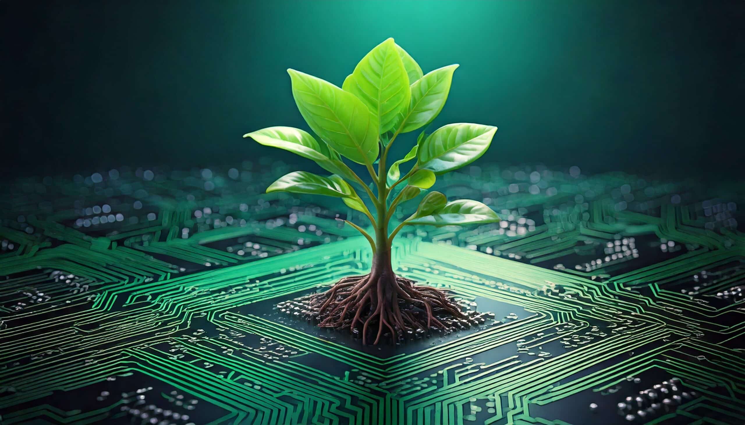 Pflanze auf grüner Leiterplatte – Symbol für innovative Gründach-Technologien und nachhaltige Bauweise