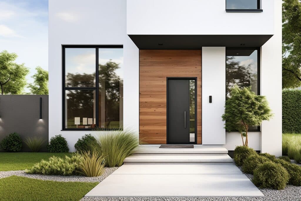 Designzugang mit Sichtbeton und Akzentbeet | Kies