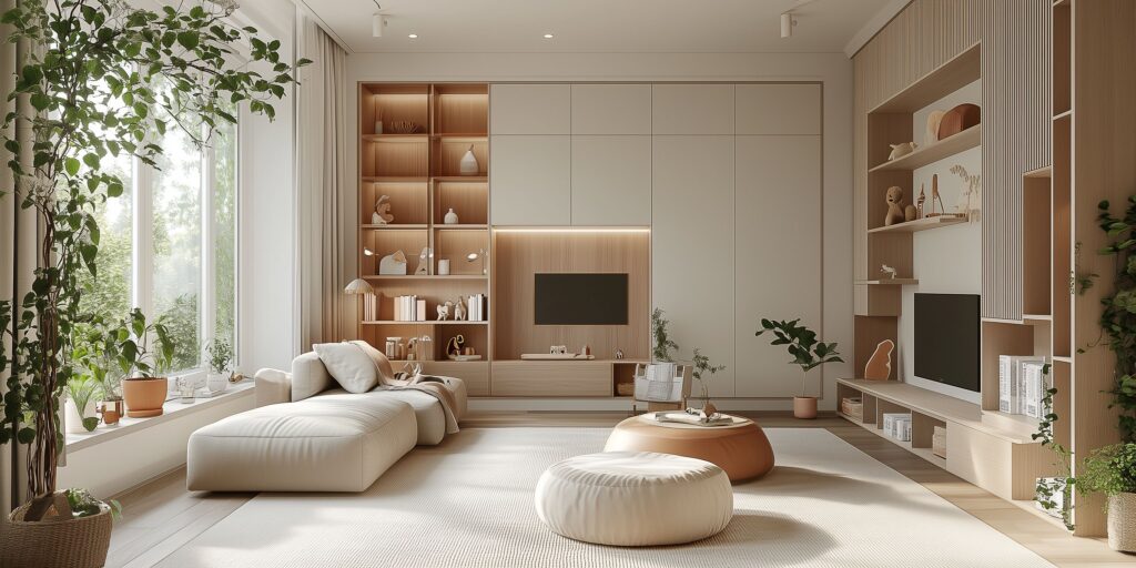 Ein geräumiges und offenes Wohnzimmer im skandinavischen Stil mit offenem Grundriss, multifunktionalen Räumen und optimierter Aufbewahrung.